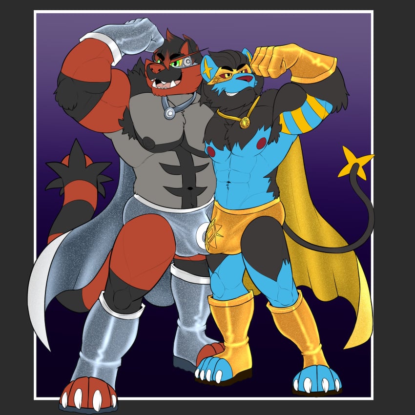 1:1 2021 4_toes abs abstract_background anthro armpit_hair armwear bara biceps black_body black_fur blue_body blue_fur body_hair briefs bulge cape claws clothed clothing digital_drawing_(artwork) digital_media_(artwork) domestic_cat duo eyewear fan_character feet felid flexing fur gay genital_outline gloves gradient_background grey_body grey_fur handwear hi_res incineroar intimatewolf jewelry legwear luxray male male_only mammal markings multicolored_body multicolored_fur muscular muscular_male necklace nintendo nipples open_mouth penis_outline pokémon_(species) pokemon pokemon_(species) pokemorph red_body red_fur sharp_teeth simple_background striped_tail stripes teeth text toe_claws toes topless underwear video_games visor wrestler yellow_body yellow_fur