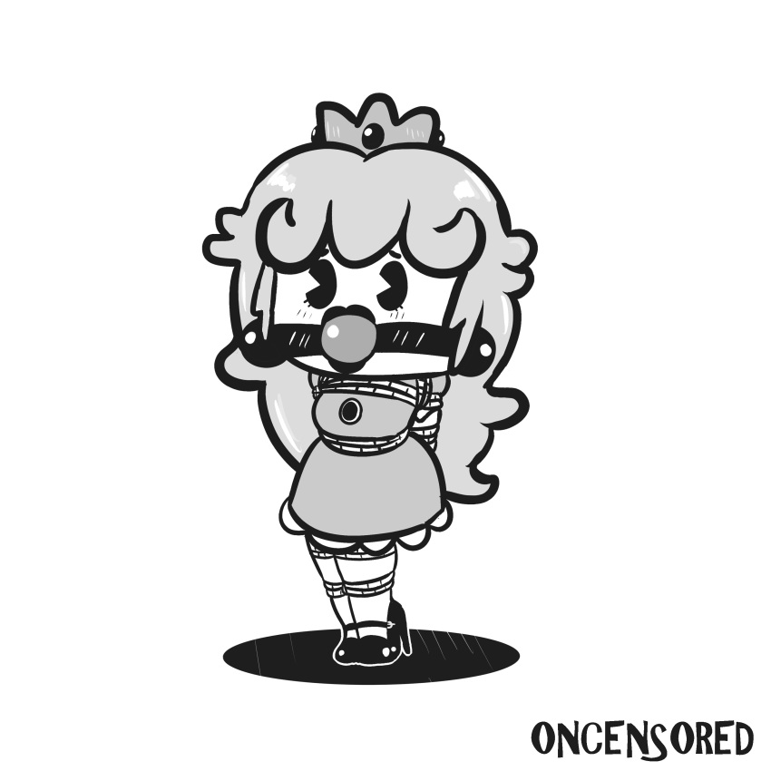 1girls ball_gag bondage cartoony clothing crown female female_only full_body greyscale high_heels mario_(series) monochrome nintendo old older oldschool oncensored pac-man_eyes princess princess_peach rope_bondage royalty solo standing toony