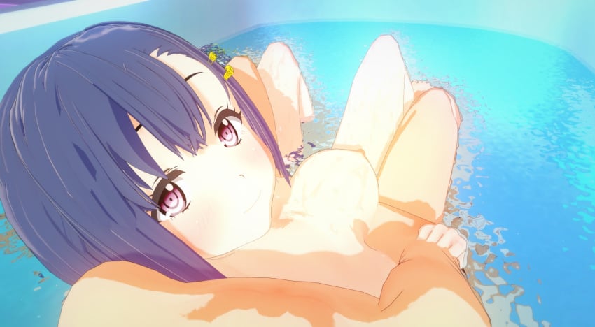 blue_hair bokutachi_no_remake breasts effys female koikatsu looking_at_viewer male nipples shino_aki shower smile