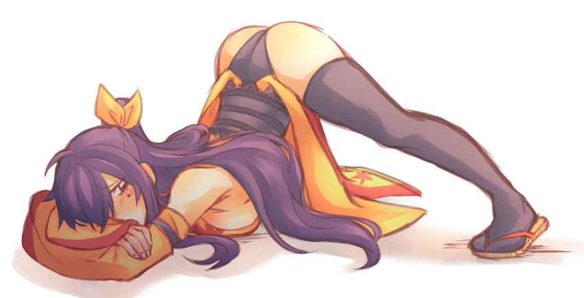 1girls ass ass_up big_ass black_leotard black_socks black_stockings blush edens_zero homura_kogetsu jack-o_pose jackochallenge lace-trimmed_panties leotard looking_at_viewer mole_under_eye ponytail purple_hair red_eyes socks solo thigh_socks thighhighs yellow_kimono