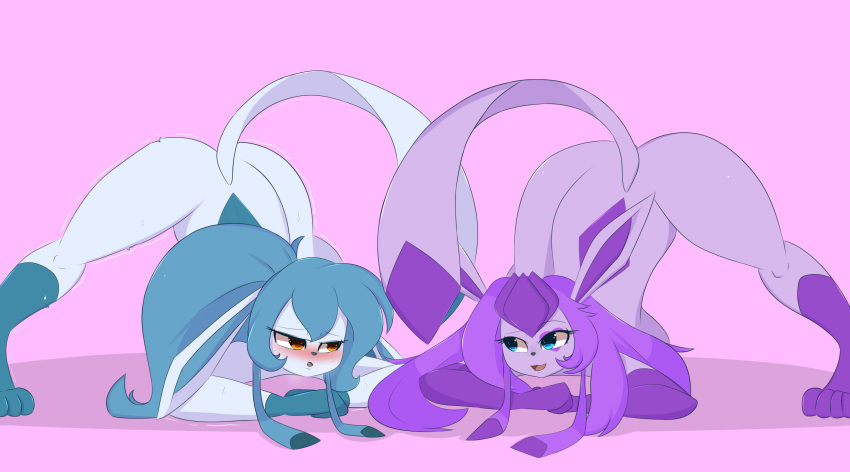 2021 2girls all_fours anthro ass ass_up awintermoose big_breasts big_butt blue_eyes blue_hair blush breast_rest breasts crossed_arms cute_fangs digital_media_(artwork) duo eeveelution female flexible glaceon gloves_(marking) hair hair_on_floor hi_res jack-o'_crouch jack-o'_crouch_pose jack-o'_pose jack-o_pose leg_markings long_hair looking_at_another markings markings_(fur) meme motion_lines nintendo open_mouth pink_body pokémon_(species) pokemon ponytail pose purple_hair raised_tail shaking shiny_pokemon simple_background smile snowcone_(awintermoose) socks_(marking) spread_legs spreading struggling video_games