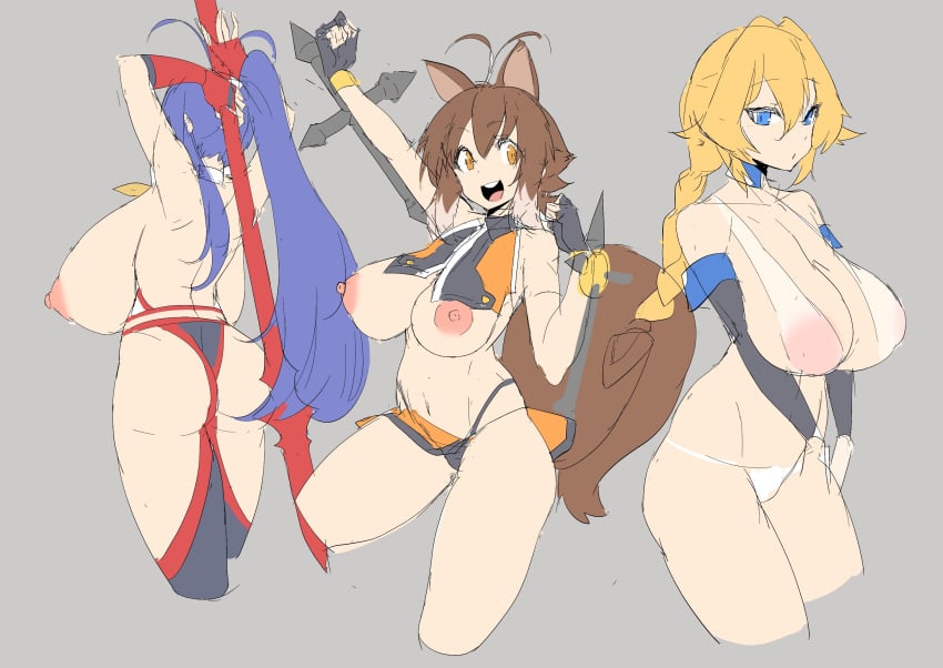 3girls animal_ears arc_system_works ass backboob blazblue blonde_hair blue_hair brown_hair es_(xblaze) female female_only funaya_(a2brasd) large_breasts long_hair mai_natsume makoto_nanaya multiple_girls ponytail short_hair squirrel squirrel_ears squirrel_tail tail xblaze xblaze_code:_embryo