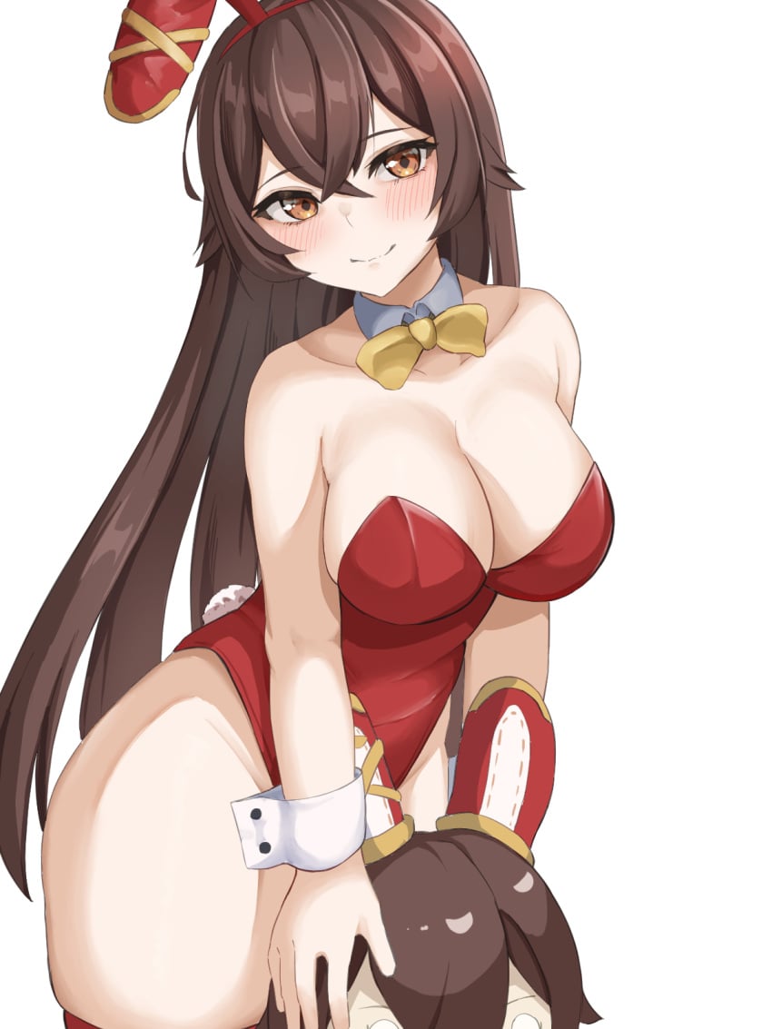 72_(mmmmkk) alternate_costume amber_(genshin_impact) baron_bunny_(genshin_impact) bow breasts brown_hair bunny_ears bunny_girl bunny_tail bunnysuit cleavage genshin_impact leotard medium_breasts playboy_bunny smile thick_thighs