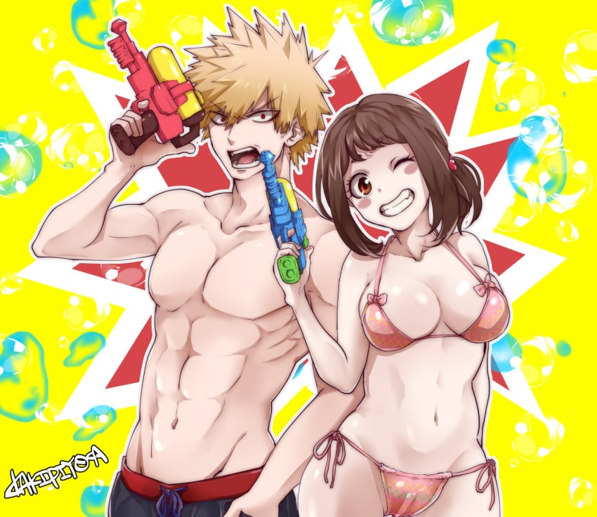 1boy 1boy1girl 1girls abs bikini breasts cleavage dkakipiyoa female kakipiyo katsuki_bakugou male male/female muscular my_hero_academia ochako_uraraka side-tie_bikini side-tie_panties spiky_hair straight summer swimsuit two_piece_swimsuit water water_gun wink