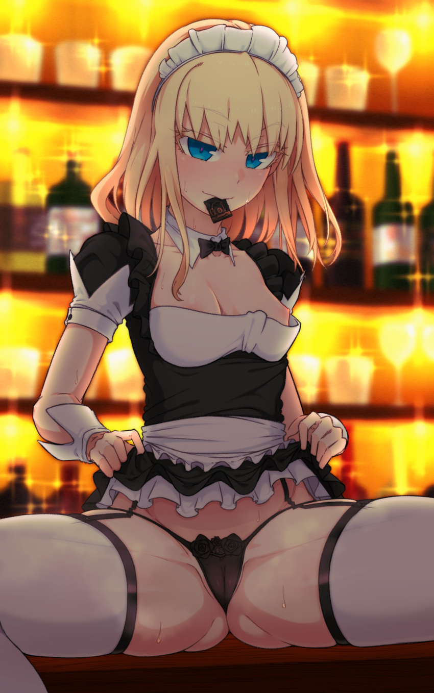 1girls alcohol alternate_costume apron areolae ass_visible_through_thighs black_panties blush bottle bow bowtie breasts cameltoe condom condom_in_mouth detached_collar dress enmaided eyebrows_visible_through_hair female frilled_dress frills garter_straps highres indoors irokohaku juliet_sleeves leivinia_birdway long_sleeves looking_at_viewer maid maid_apron maid_headdress mouth_hold nipples oversized_breast_cup panties puffy_short_sleeves puffy_sleeves short_sleeves sitting sitting_on_table skirt_hold small_breasts solo solo_female spread_legs sweat thighhighs to_aru_majutsu_no_index underwear waist_apron white_legwear wrist_cuffs young