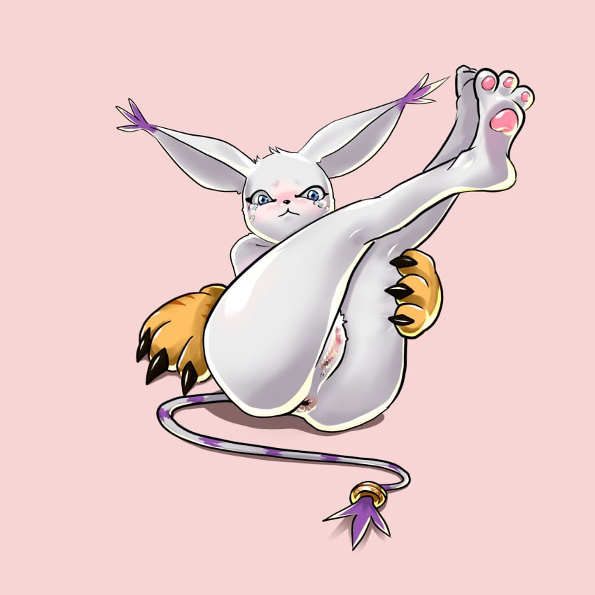 1:1 anthro anus ass bandai_namco blue_eyes blush bodily_fluids censored clothing digimon digimon_(species) embarrassed feet female gatomon gatox_(artist) genital_fluids genitals gloves handwear hi_res legs_together legs_up looking_at_viewer mosaic_censorship nude pawpads presenting presenting_pussy pussy pussy_juice simple_background soles solo tailmon tears