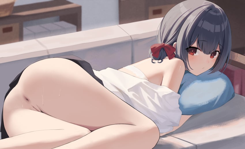 1girls anus ass blush bra couch gin00 idolmaster idolmaster_shiny_colors morino_rinze nopan pussy red_eyes ribbon sweat uncensored underwear