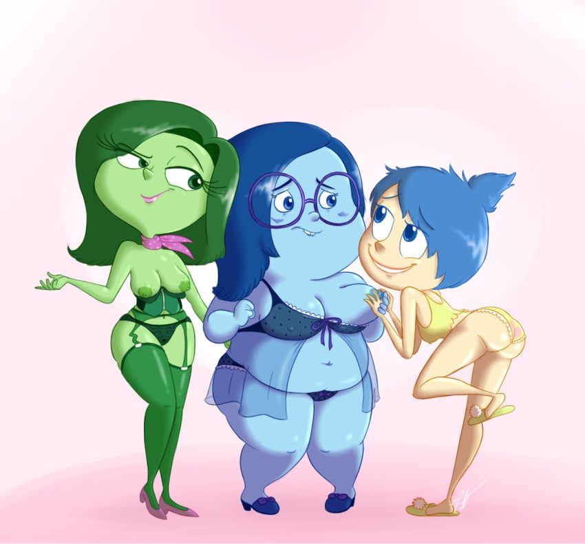 2021 3girls breasts disgust_(inside_out) disney hips inside_out joy_(inside_out) legs multiple_girls nipples pixar sadness_(inside_out) thighs timoteihiv