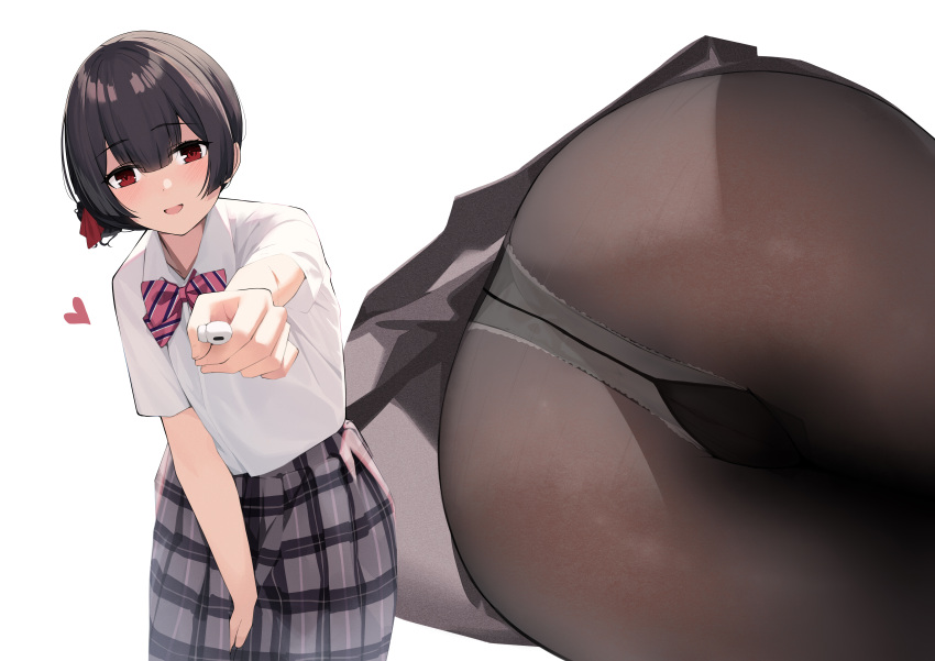 anus ass black_hair bow close female gin00 headphones heart idolmaster idolmaster_shiny_colors morino_rinze panties pantyhose pussy red_eyes school_uniform see-through skirt underwear upskirt