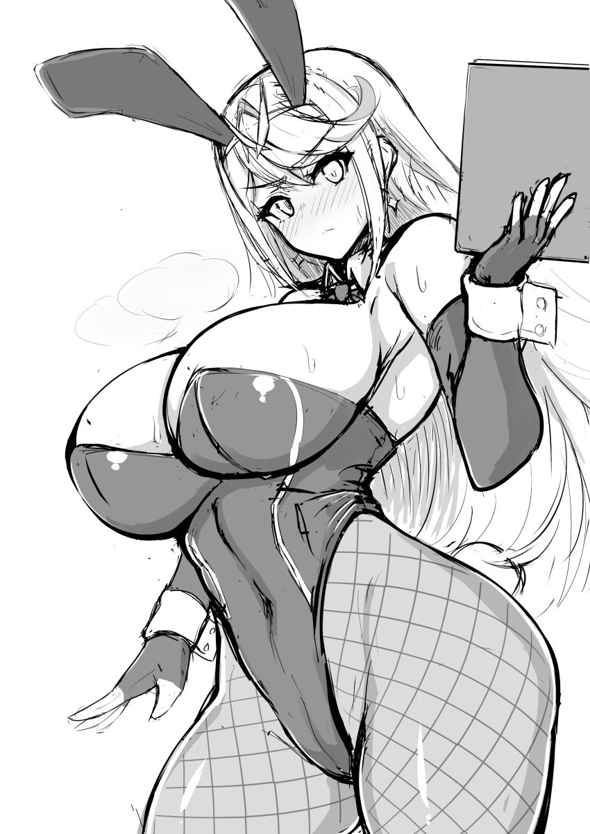 1girls alternate_breast_size blush bunny_ears bunnysuit cleavage gatyo_5 large_breasts latex long_hair monochrome mythra nintendo sideboob solo waitress xenoblade_(series) xenoblade_chronicles_2