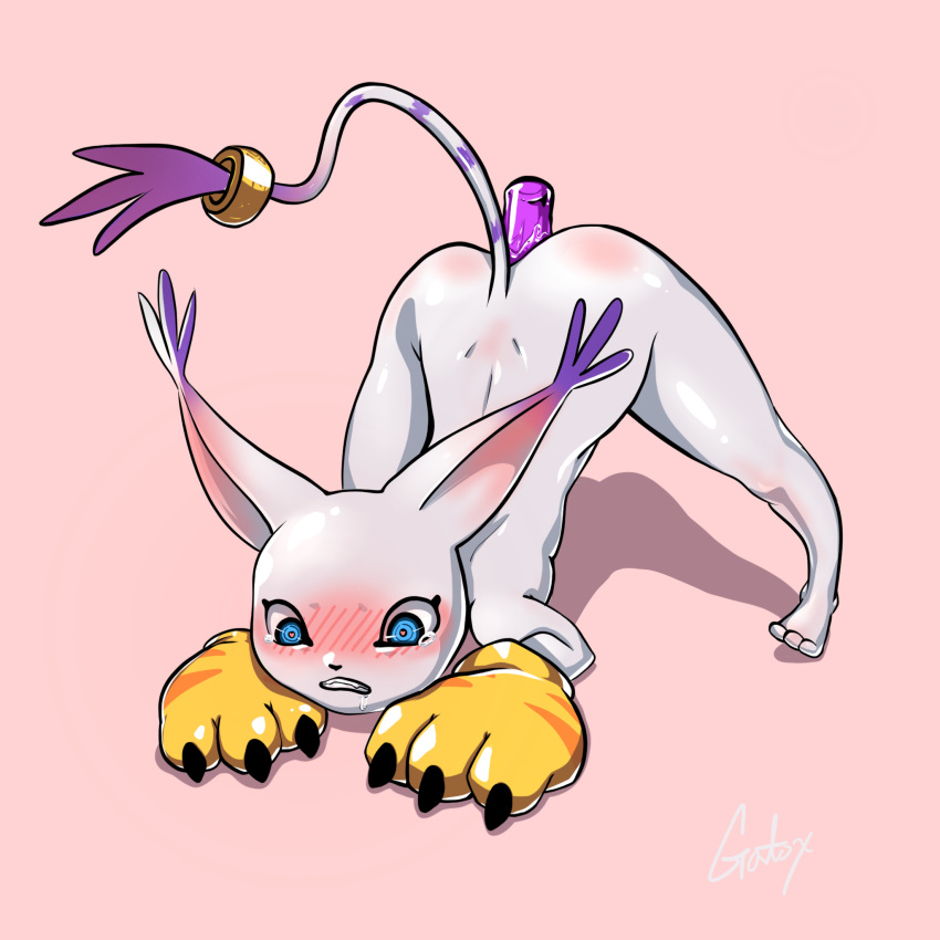 <3_eyes 1:1 ambiguous_penetration anthro ass_up back_dimples bandai_namco blue_eyes blush bodily_fluids cat_tail clothing digimon digimon_(species) dildo dildo_insertion drooling female gatomon gatox_(artist) gloves handwear heart hi_res jack-o'_crouch_pose jack-o_pose nude penetration pink_background saliva sex_toy sex_toy_insertion signature simple_background solo tailmon