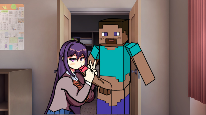 blowjob blue_eyes blue_pants blue_skirt blush blush_lines blushing brown_hair closet crossover ddlc_background doki_doki_literature_club fellatio kissing_penis long_hair minecraft oral penis purple_eyes purple_hair school_uniform schoolgirl shitpost skirt square_body square_head square_penis steve_(minecraft) tagme teenager v weird_crossover yuri_(doki_doki_literature_club)