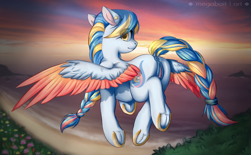 anus ass beach braided_hair equid equine female flower fly_(disambiguation) friendship_is_magic genitals hair hasbro hi_res horse looking_back mammal megabait_(artist) my_little_pony nude open_wings pegasus plant pony puffy_anus pussy raised_tail sea seaside solo star sunset water wings