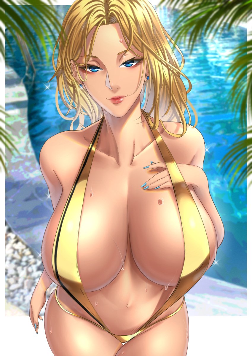 1girls 2021 alternate_version_available anima_(togashi) bare_shoulders belly big_breasts blonde_hair breasts cleavage collarbone covered_nipples covered_pussy cyan_eyes cyan_nail_polish cyan_nails earrings female female_focus female_only gold_swimsuit hand_on_breast hand_on_chest hand_on_own_breast hand_on_own_chest huge_breasts lips looking_at_viewer nail_polish nails navel original original_character slingshot_swimsuit solo solo_female solo_focus standing sweatdrop swimsuit swimwear thighs