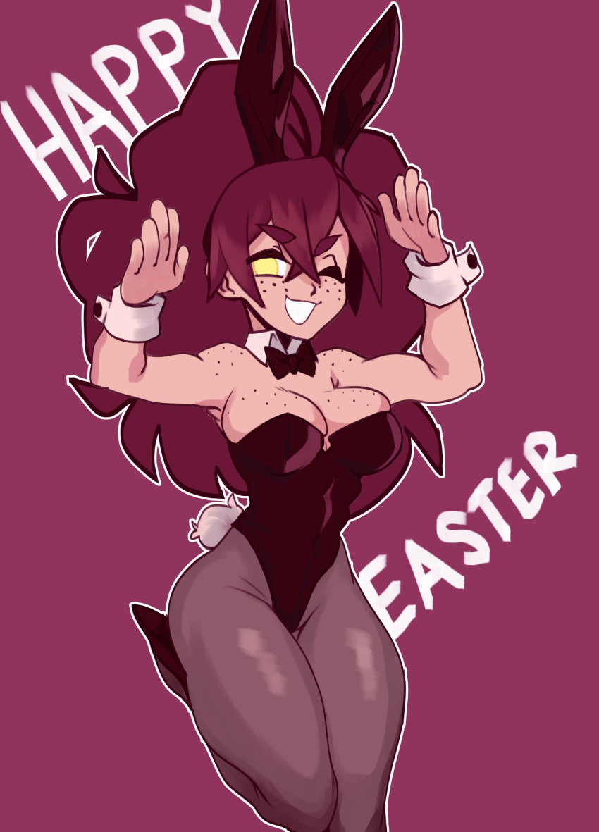 bowtie brown_hair bunny_ears bunny_tail bunnysuit cleavage cute detached_collar easter fake_animal_ears female freckles leotard looking_at_viewer one_eye_closed open_mouth pantyhose playboy_bunny solo solo_female solo_focus thick_thighs void_dot_exe wink wrist_cuffs yellow_eyes