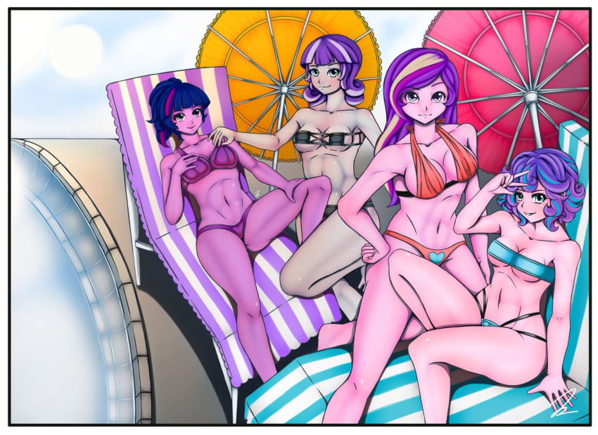 4girls aged_up bikini blonde_hair blue_eyes cleavage family flurry_heart_(mlp) friendship_is_magic gilf humanized jennobasilicum large_breasts lavender_hair magenta_hair medium_breasts milf mother_and_daughter multicolored_hair multiple_girls my_little_pony peace_sign pink_hair pool pool_chair poolside princess_cadance_(mlp) purple_eyes purple_hair purple_skin royalty tubetop twilight_sparkle_(mlp) twilight_velvet_(mlp)