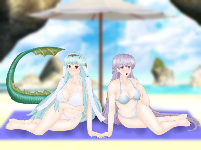 2girls alternate_costume bare_legs beach bikini black_nails blue_bikini blue_hair blue_swimsuit blush cleavage covered_nipples female_only fire_emblem fire_emblem:_the_binding_blade fire_emblem:_the_blazing_blade green_nails holding_hands itsukiru large_breasts long_hair looking_at_viewer multiple_girls nail_polish ninian_(fire_emblem) nintendo nipple_bulge ocean open_mouth outdoors parasol purple_eyes purple_hair purple_nails red_eyes rock seaside shy_smile smile sophia_(fire_emblem) swimsuit towel umbrella underboob very_long_hair white_bikini white_swimsuit