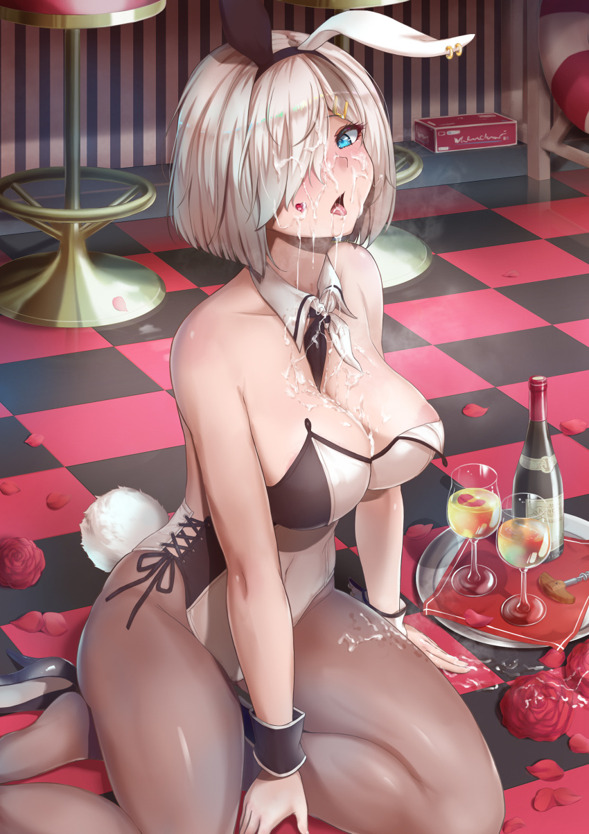 1girls animal_ears areola bunny_ears bunny_girl cum cum_on_face hamakaze_(kantai_collection) kantai_collection no_bra pantyhose tail yamataka