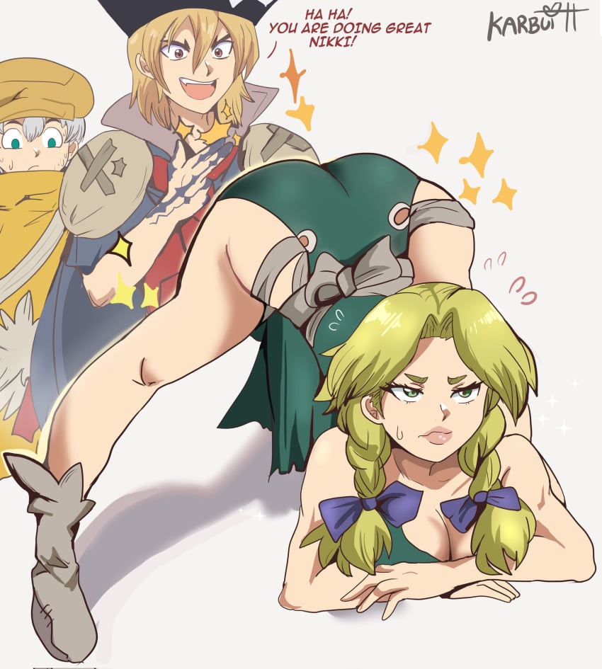 1girls 2boys ass ass_focus ass_up blonde_hair breasts dr.stone face_down face_down_ass_up female hanada_nikki jack-o_pose jackochallenge karbuitt large_ass large_breasts nanami_ryusui nikki_(dr.stone) saionji_ukyo white_background