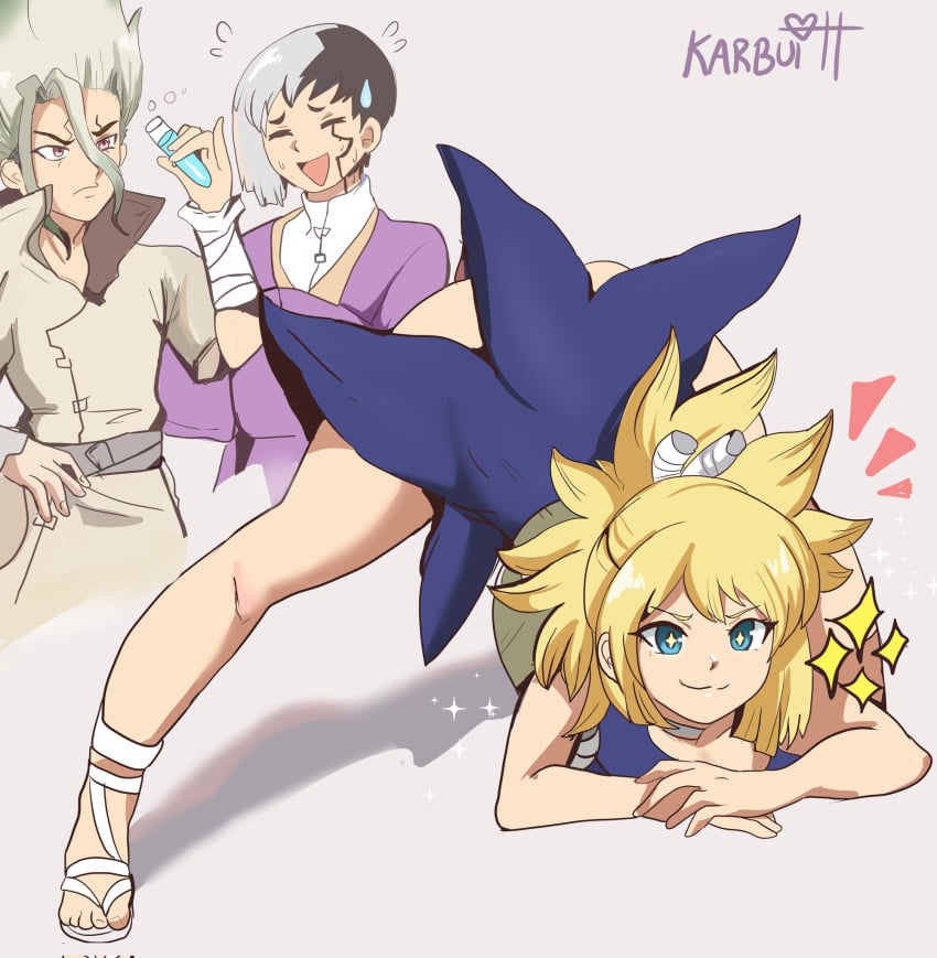 1girls 2boys asagiri_gen ass ass_focus ass_up blonde_hair breasts dr.stone face_down face_down_ass_up female ishigami_senku jack-o_pose jackochallenge karbuitt kohaku_(dr.stone) medium_breasts