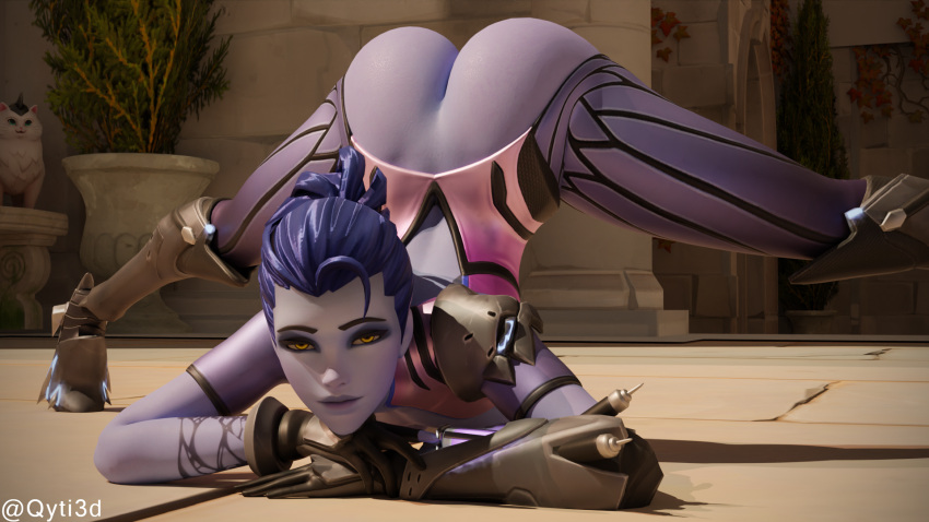 1girls 3d ass blender_(software) exposed_ass female female_only jack-o_pose looking_at_viewer overwatch semi-clothed smile solo widowmaker