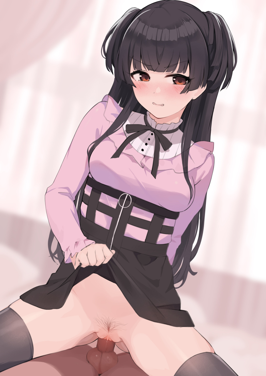 1boy 1girls ass axfa black_hair black_legwear black_skirt black_socks black_thighhighs blush brown_eyes clenched_teeth clothed_sex clothing cowgirl_position dark-skinned_male dark_skin female female_on_top gin00 hetero idolmaster interracial light-skinned_female long_hair male mayuzumi_fuyuko no_panties nopan penetration penis pubes pubic_hair pussy sex shirt skirt skirt_lift small_breasts socks spread_legs the_idolm@ster the_idolm@ster_shiny_colors thigh_socks thighhighs uncensored vaginal_penetration