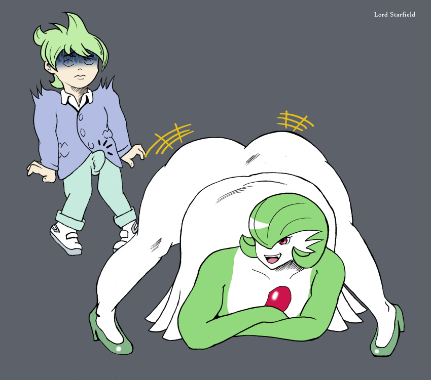 ass bulge clapping_cheeks erection erection_under_clothes gardevoir green_hair huge_ass jack-o_pose lord_starfield pokémon_(species) pokemon pokemon_(species) red_eyes smile spread_legs thick_thighs wally_(pokemon) white_body white_skin