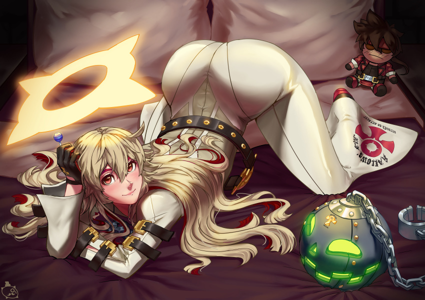 1girls absurd_res arc_system_works ass_focus ass_up bottom_heavy female female_only guilty_gear guilty_gear_xrd highres huge_ass jack-o'_valentine looking_at_viewer mcc-cookie mcc_cookie multicolored_hair platinum_blonde_hair red_eyes sol_badguy top-down_bottom-up white_bodysuit white_clothing white_hair