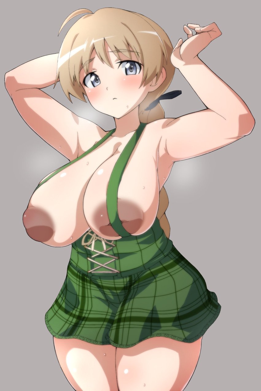 ahoge areolae armpits arms_up blue_eyes blush braid braided_ponytail breasts brown_hair closed_mouth clothing collarbone dark_nipples eyebrows_visible_through_hair female grey_background hair_ornament hair_ribbon highres huge_breasts inverted_nipples large_areolae large_breasts lynette_bishop miniskirt nipples no_bra ribbon rqm55 sexy_armpits simple_background skirt solo standing strike_witches suspender_skirt suspenders sweat world_witches_series