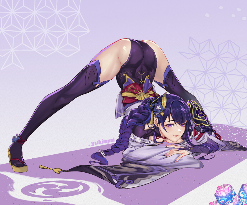 1girls all_fours ass ass_up bent_over female genshin_impact hi_res jack-o_pose purple_eyes purple_hair raiden_shogun spread_legs thighhighs top-down_bottom-up yukimpoi