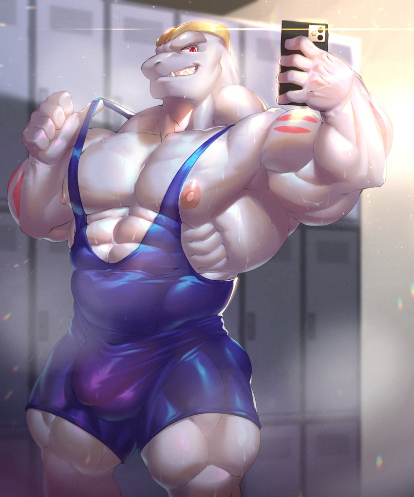 abs biceps big_muscles bodybuilder furry furry_only huge_muscles locker_room machoke male male_focus male_only muscle muscles muscular muscular_arms muscular_back muscular_legs muscular_male muscular_thighs nipples pecs pokemon pokemon_(species) smartphone smile steamy veins veiny_muscles veiny_penis vorusu vorusuarts