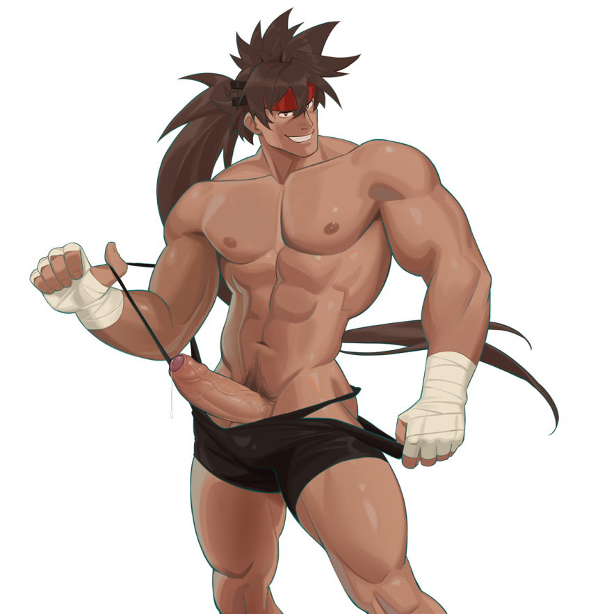 1boy abs bandaged_hands bandages bara boxers brown_hair bulge dark-skinned_male dark_skin erection feet_out_of_frame frde grin guilty_gear headband highres large_pectorals long_hair male_focus male_only male_pubic_hair male_underwear male_underwear_pull muscular muscular_male navel navel_hair nipples pectorals penis precum proud_of_his_cock pubic_hair pulled_by_self sidelocks smile sol_badguy solo stomach suspenders thick_thighs thighs uncensored underwear underwear_only undressing white_background