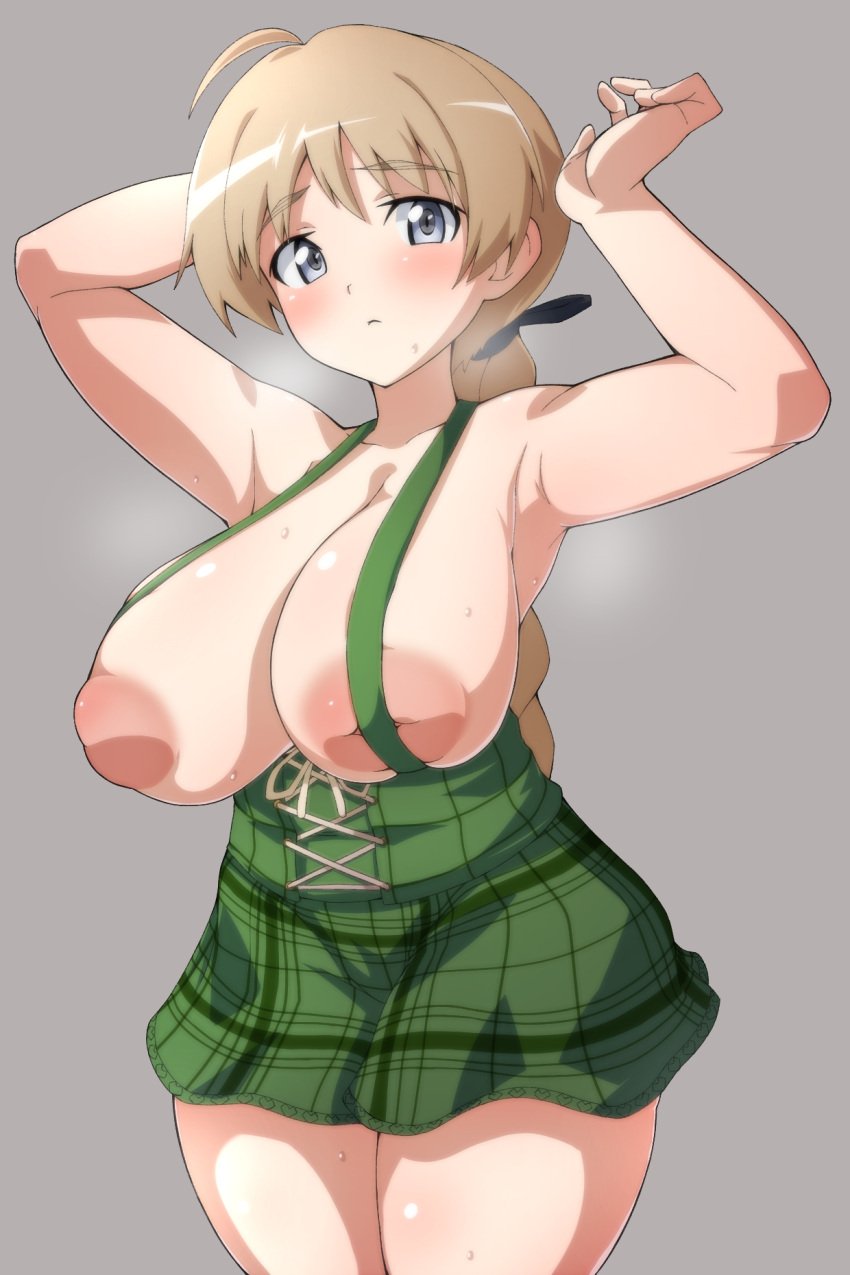 ahoge areolae armpits arms_up blue_eyes blush braid braided_ponytail breasts brown_hair closed_mouth clothing collarbone eyebrows_visible_through_hair female grey_background hair_ornament hair_ribbon highres huge_breasts inverted_nipples large_areolae large_breasts lynette_bishop miniskirt nipples no_bra ribbon rqm55 sexy_armpits simple_background skirt solo standing strike_witches suspender_skirt suspenders sweat world_witches_series