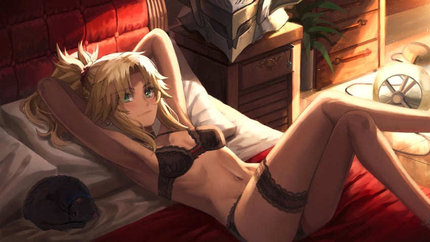 1girls arms_above_head arms_behind_head black_panties blonde blonde_eyebrows blonde_female blonde_hair blonde_hair_female blue_collar bra cat choker collar crossed_legs earrings fate/grand_order fate_(series) feline garter green_eyes lingerie lying mordred_(fate) navel on_back panties pet_collar piercing ponytail tagme tonee