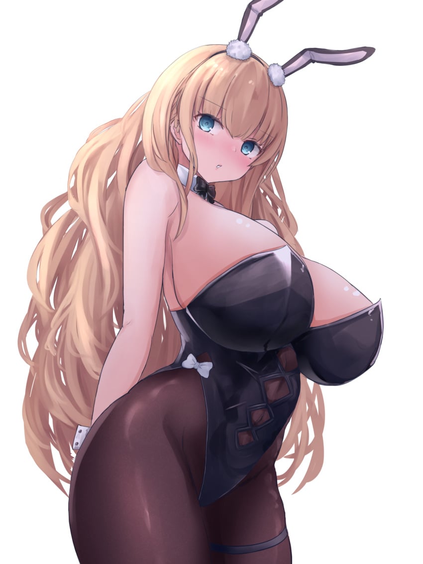 1girls 2021 arms_behind_back azur_lane bare_shoulders big_breasts black_bow black_legwear black_leotard black_pantyhose blonde_hair blue_eyes blush bow bowtie bunny_ears covered_navel covered_nipples covered_pussy eagle_union_(azur_lane) eyebrows_visible_through_hair eyelashes fake_animal_ears huge_breasts leotard light-skinned_female light_skin long_hair looking_at_viewer north_carolina_(azur_lane) north_carolina_(the_heart's_desire)_(azur_lane) pantyhose simple_background standing white_background white_wrist_cuffs wrist_cuffs yuuki_shuri