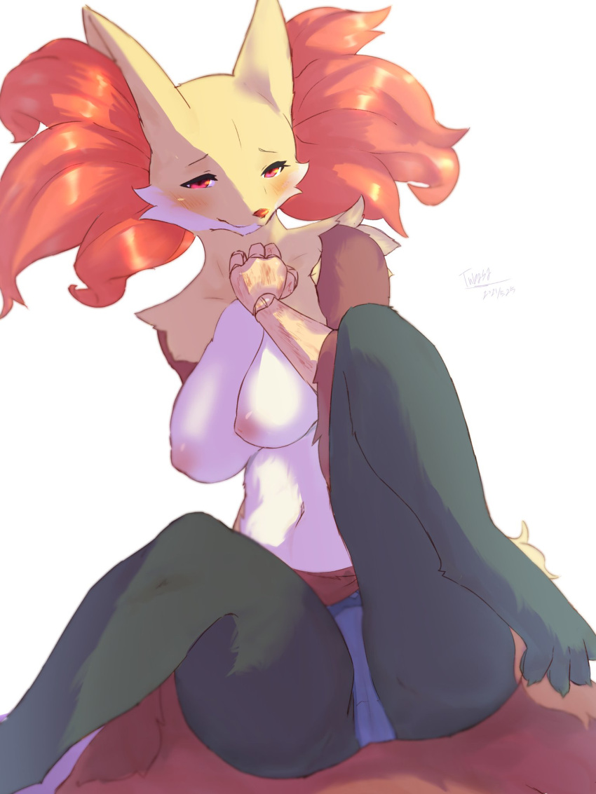 2021 3:4 4_fingers 4_toes anthro areola big_breasts black_body black_fur blush breasts brown_body brown_fur camel_toe canid canine cheek_tuft claws clothed clothing dated delphox digitigrade facial_tuft feet female fingers fur half-closed_eyes hi_res inner_ear_fluff kemono looking_at_viewer mammal multicolored_body multicolored_fur narrowed_eyes nintendo nipples panties paws pokémon_(species) pokemon pokemon_(species) prosthetic prosthetic_arm prosthetic_limb red_body red_eyes red_fur red_nose signature simple_background sitting solo spread_legs spreading toe_claws toes topless tubasa tuft underwear video_games white_background white_body white_fur yellow_body yellow_fur