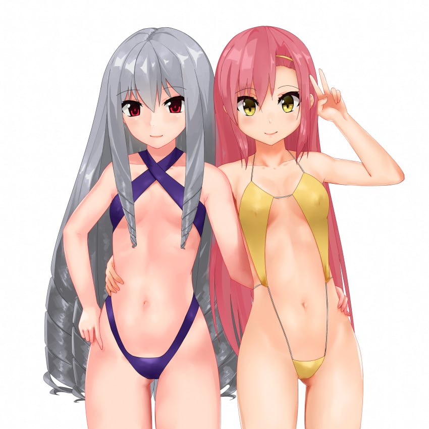 2girls bikini blue_bikini blush breasts cowfee crossover drill_hair female female_only grey_hair hair_ornament hairclip hand_on_hip hayate_no_gotoku! hinagiku_katsura katsura_hinagiku koujin_rikka kuro_ai long_hair looking_at_viewer multiple_girls navel pink_hair red_eyes sling_bikini small_breasts smile swimsuit v white_background yellow_bikini yellow_eyes