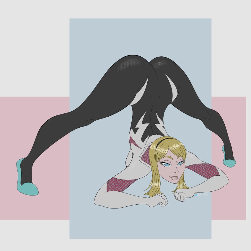 1girls all_fours blonde_hair bodysuit bottledneon fanart flexible ghost-spider gwen_stacy hairband huge_ass jack-o_pose jackochallenge looking_at_viewer marvel seductive_smile skin_tight spandex spider-gwen spider-man_(series) splits spread_legs superheroine thick_thighs top-down_bottom-up wide_hips