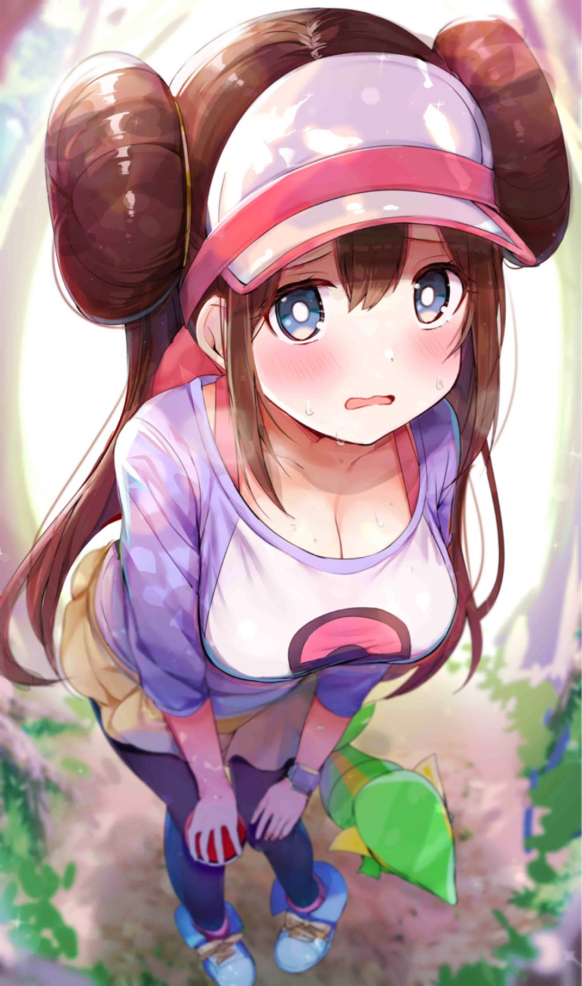 1girls absurdres bent_over blue_eyes blurry blush breasts brown_hair cleavage collarbone creatures_(company) depth_of_field droplet female from_above game_freak hair_between_eyes hand_on_own_knee highres holding_pokeball human large_breasts long_hair long_sleeves looking_at_viewer multicolored_shirt nintendo open_mouth outdoors pantyhose pokeball pokemon pokemon_(species) pokemon_bw2 rosa_(pokemon) rouka_(akatyann) shoelaces shoes shorts sneakers snivy sunlight sweat sweatdrop twin_buns visor_cap watch wristwatch yellow_shorts