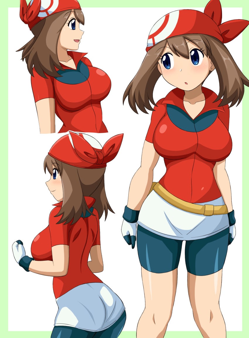 absurdres bandana big_breasts bike_shorts bike_shorts_under_skirt blue_eyes border breasts brown_hair busty collared_shirt commentary creatures_(company) eyelashes fanny_pack female game_freak gloves green_border highres huge_breasts kuro_hopper large_breasts may_(pokemon) medium_hair miniskirt multiple_views nintendo pokemon pokemon_(anime) pokemon_rse_(anime) red_bandana red_shirt shirt short_sleeves skirt smile white_background white_gloves white_skirt yellow_bag