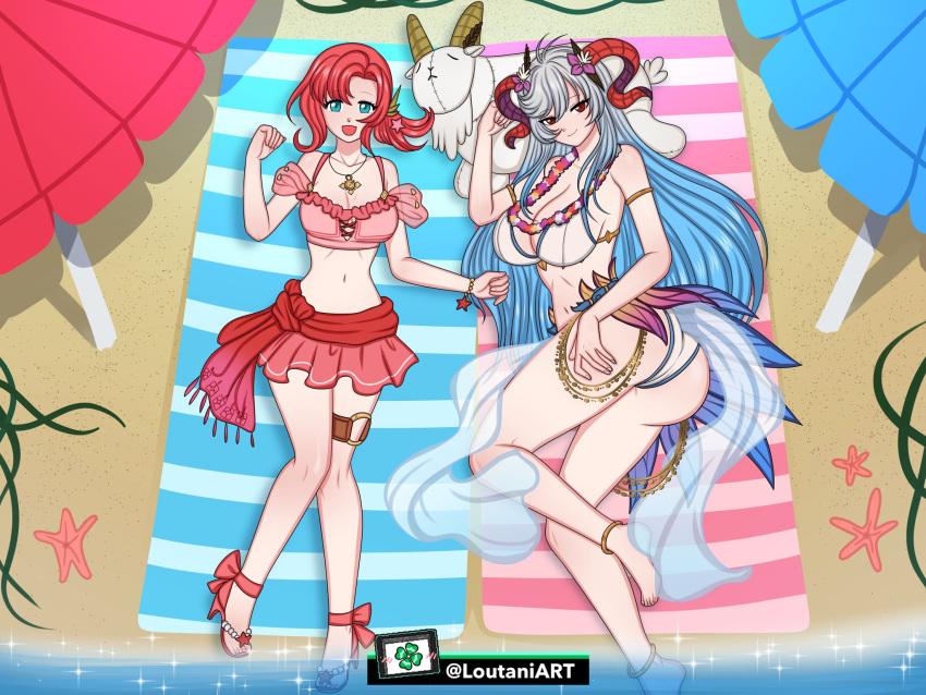 2girls alternate_costume ass bare_legs barefoot beach bikini bikini_skirt blue_hair breasts cleavage female_only fire_emblem fire_emblem:_new_mystery_of_the_emblem fire_emblem:_shadow_dragon fire_emblem_heroes flower flower_necklace freyja_(fire_emblem) freyja_(summer)_(fire_emblem) goat green_eyes grey_hair horns large_ass large_breasts long_hair looking_at_viewer loutaniart medium_breasts medium_hair multicolored_hair multiple_girls nintendo norne_(fire_emblem) norne_(summer)_(fire_emblem) ocean official_alternate_costume on_back open_mouth pelvic_curtain pink_bikini pink_swimsuit plushie ponytail red_eyes red_hair red_horns sand sandals seaside see-through smile swimsuit towel umbrella very_long_hair white_bikini white_swimsuit