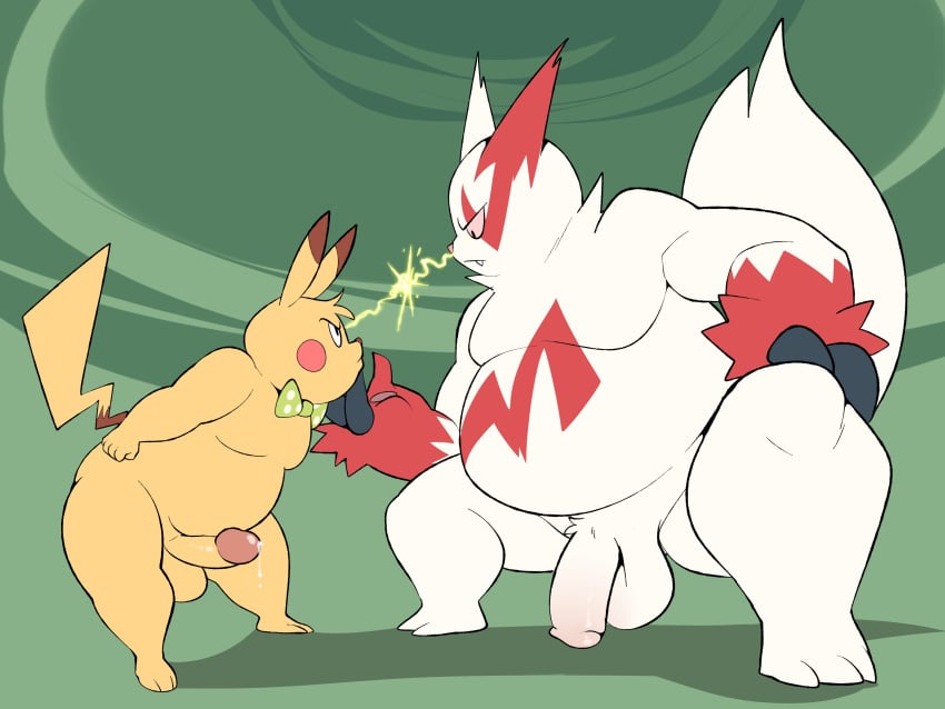 2boys 4:3 absurd_res anthro balls belly bodily_fluids bow_tie duo erection ero_(character) eroborus eye_contact fur genital_fluids genitals hi_res looking_at_another male male_focus male_only nintendo nude overweight overweight_anthro overweight_male penis pikachu pokémon_(species) pokemon pokemon_(species) precum standing video_games white_body white_fur yellow_body zangoose