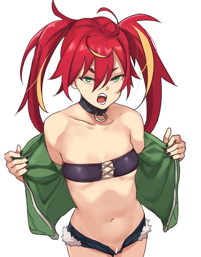 belly censored female female_focus female_only green_eyes kyuukyoku_shinka_shita_full_dive_rpg_ga_genjitsu_yori_mo_kusoge_dattara looking_at_viewer mizarisa pussy red_hair shorts simple_background todding