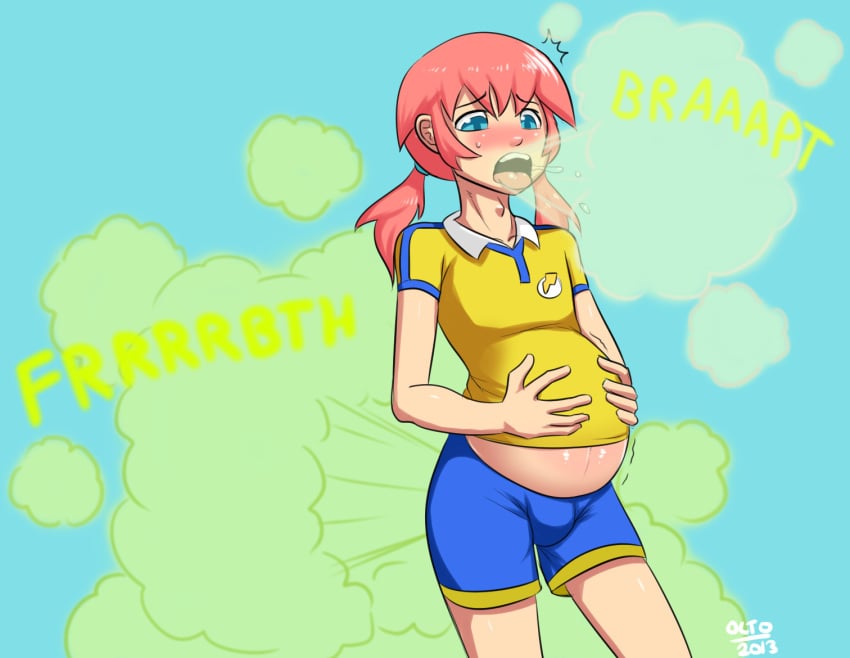 belly belly_expansion big_belly bloated bloated_belly blue_eyes blush bulge burp burping clothed cute embarrassed fart fart_cloud fart_fetish farting femboy gas gassy girly hand_on_belly inazuma_eleven kirino_ranmaru loud_fart male male_only octoboy open_mouth pink_hair saliva solo_male sweatdrop