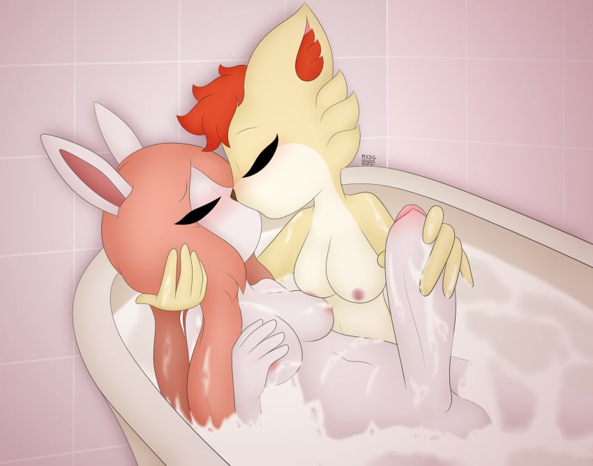 1futa 1girls absurd_res anthro balls bathtub blush breast_squish breasts bubble canid canine duo female fox furry futa_on_female futanari genitals hair handjob hi_res holding_head holding_penis intersex intersex/female kissing lagomorph leporid lexy_(max_draws) mammal max_draws molly_(max_draws) nipples penile penis rabbit sex squish water