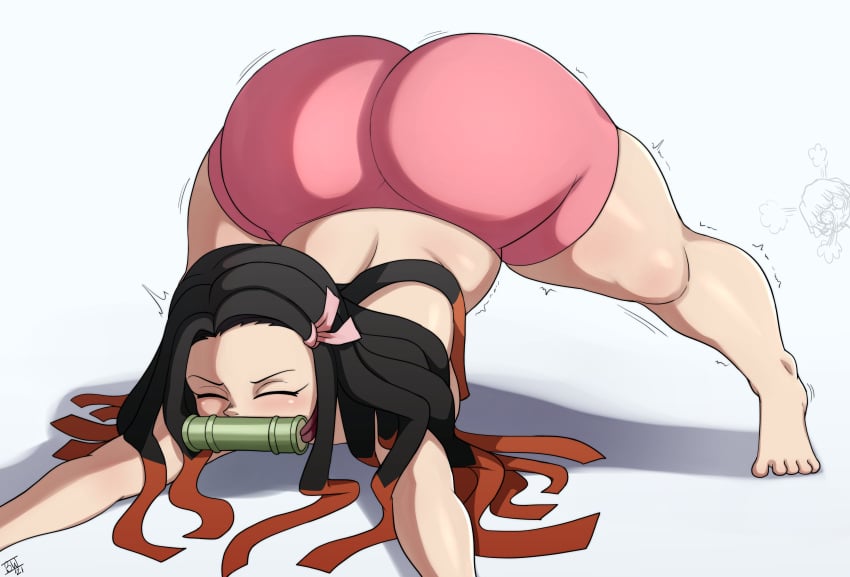 1girls aged_up ass ass_up barefoot big_ass black_hair blackwhiplash bottom_heavy bwl closed_eyes demon_slayer female female_only gag hair_ribbon huge_ass jack-o_pose jackochallenge kamado_nezuko kimetsu_no_yaiba long_hair mouth_gag pear-shaped_figure pear_shaped_female pink_shorts shounen_jump solo stretching thick_thighs trembling two_tone_hair