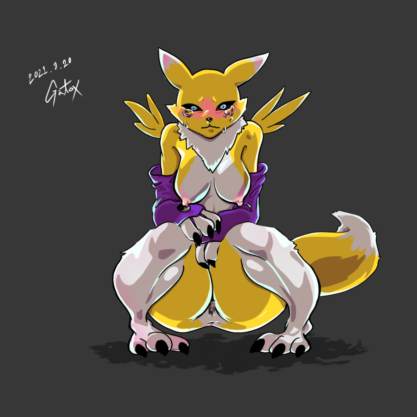 1:1 2021 anthro anus armwear bandai_namco black_sclera blue_eyes blush bodily_fluids breasts bridal_gauntlets censored chest_tuft claws clothing crouching digimon digimon_(species) dipstick_ears dipstick_tail female finger_claws fur gatox_(artist) genitals grey_background hanging_breasts hi_res leg_markings looking_at_viewer markings mosaic_censorship multicolored_body multicolored_ears multicolored_fur multicolored_tail nipples nude pussy renamon signature simple_background socks_(marking) solo tears thick_thighs toe_claws tuft two_tone_body two_tone_fur white_body white_fur yellow_body yellow_fur yin_yang