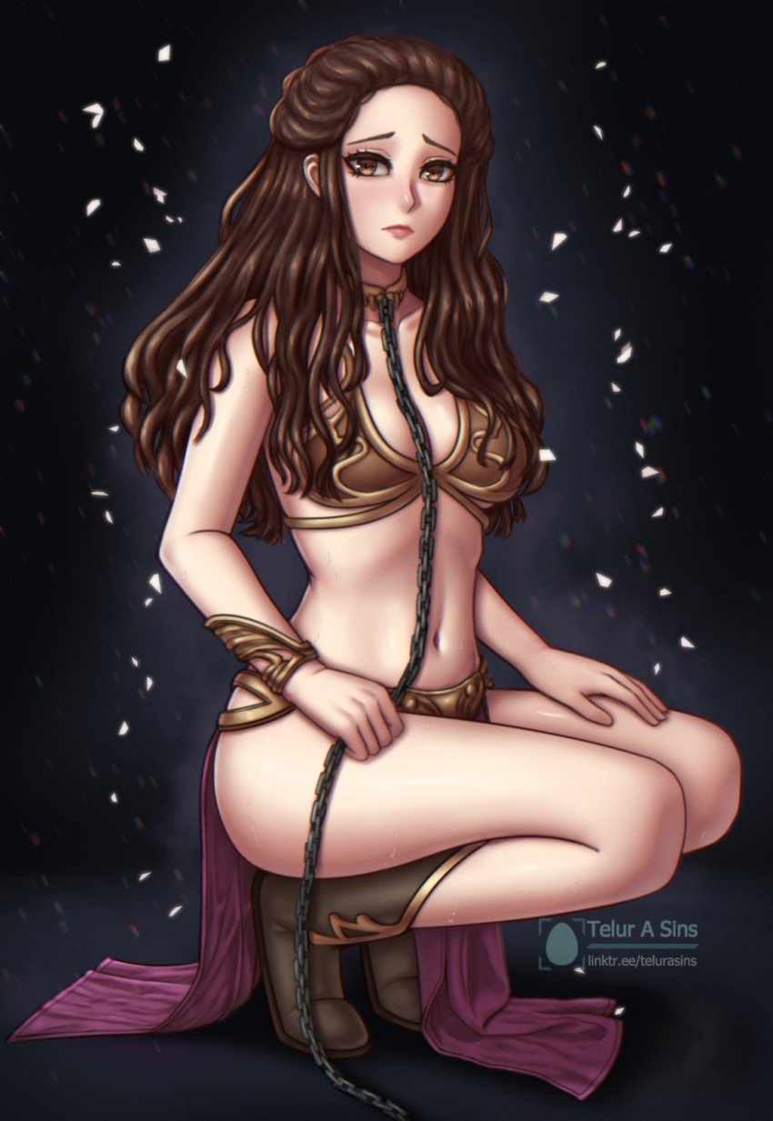 1girls belly_dancer belly_dancer_outfit boots brown_eyes brown_hair chain_leash chained cleavage dancer dancer_outfit enslaved_royal female female_only harem_girl harem_outfit kneeling long_hair lowegule padme_amidala slave slave_bikini slave_collar slave_outfit slavegirl solo star_wars telur_asin voluptuous