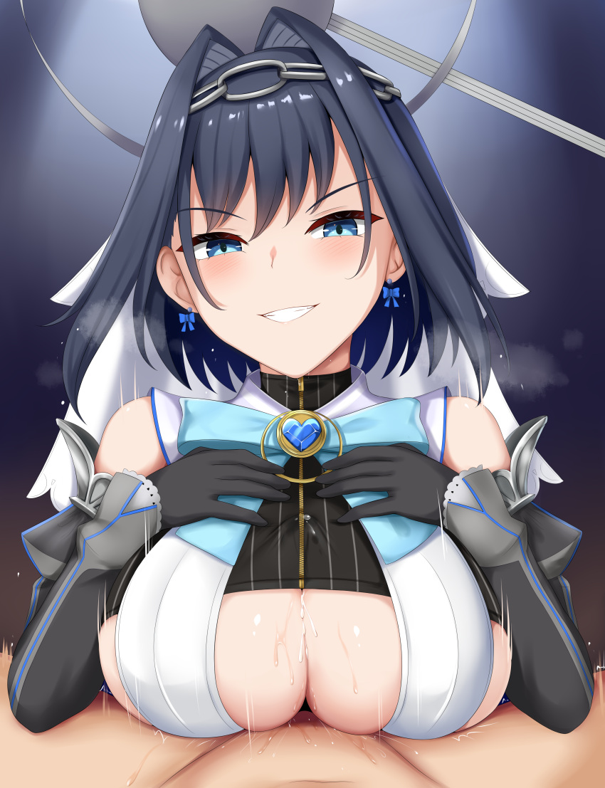 big_breasts black_hair blue_eyes blue_heart blue_ribbon blush breasts cum cum_between_breasts cum_in_clothes cum_through_clothes cum_through_clothing cum_under_clothes heart hololive hololive_english hololive_english_-council- hololive_english_-promise- huge_breasts naughty_face ouro_kronii paizuri paizuri_under_clothes penis_between_breasts renetan short_hair sleeves smile sweat underboob virtual_youtuber