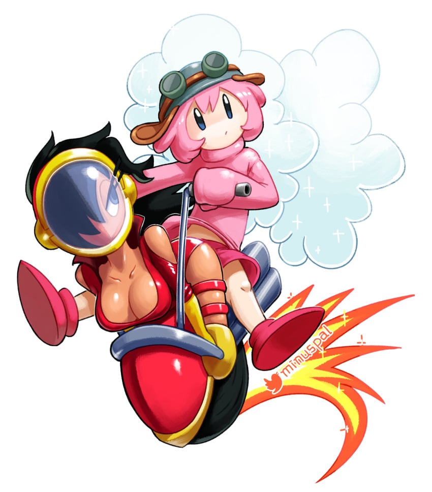 1boy 1girls 2021 absurd_res artist_name ass black_eyes black_hair breasts cleavage clothed clothing dark-skinned_female dark_skin female full_body hair_over_one_eye handle handlebar helmet highres humanoid kirby kirby_(series) kirby_boy large_breasts long_hair looking_back male matching_hair/eyes minus8 nintendo personification pink_hair pink_sweater riding shoes short_hair shorts signature simple_background steam sweater thigh_strap thighs twitter_username vehicle watermark wheel wheelie_(kirby) white_background